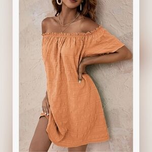 SHEIN Off Shoulder Tunic Peach Orange Textured Mini Dress